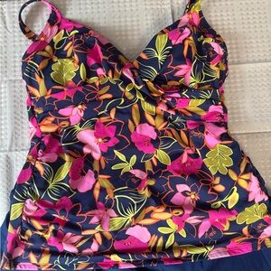 Lands End  tankini swim top built in bra wrap blue pink floral  Sz 16
